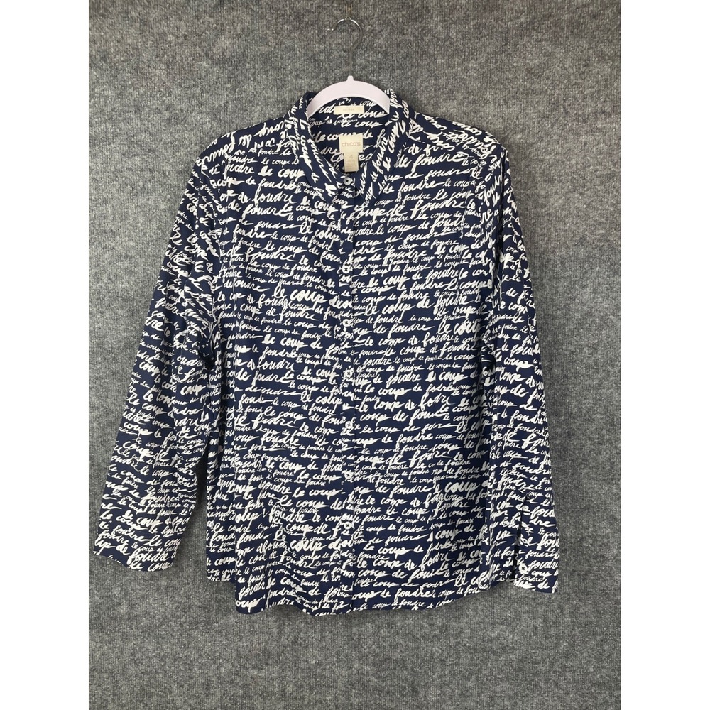 Chicos Button Down Shirt Womens 4 Blue Excellent Script Print Long Sleeve Blouse